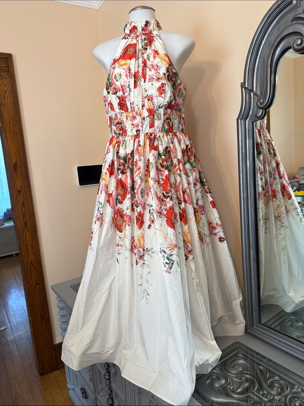 JardinVue Medium Halter Floral Midi Dress White Red Tulle Petticoat Romantic